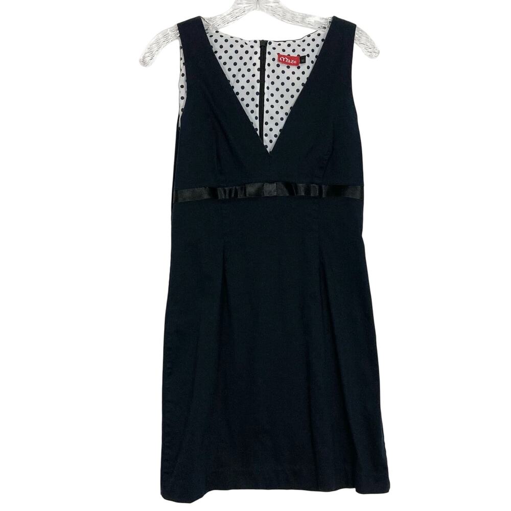 NWOT MAZE Dress 12~M Black Poplin Cotton Satin-Stripe&Bow V-Neck Zip Knee